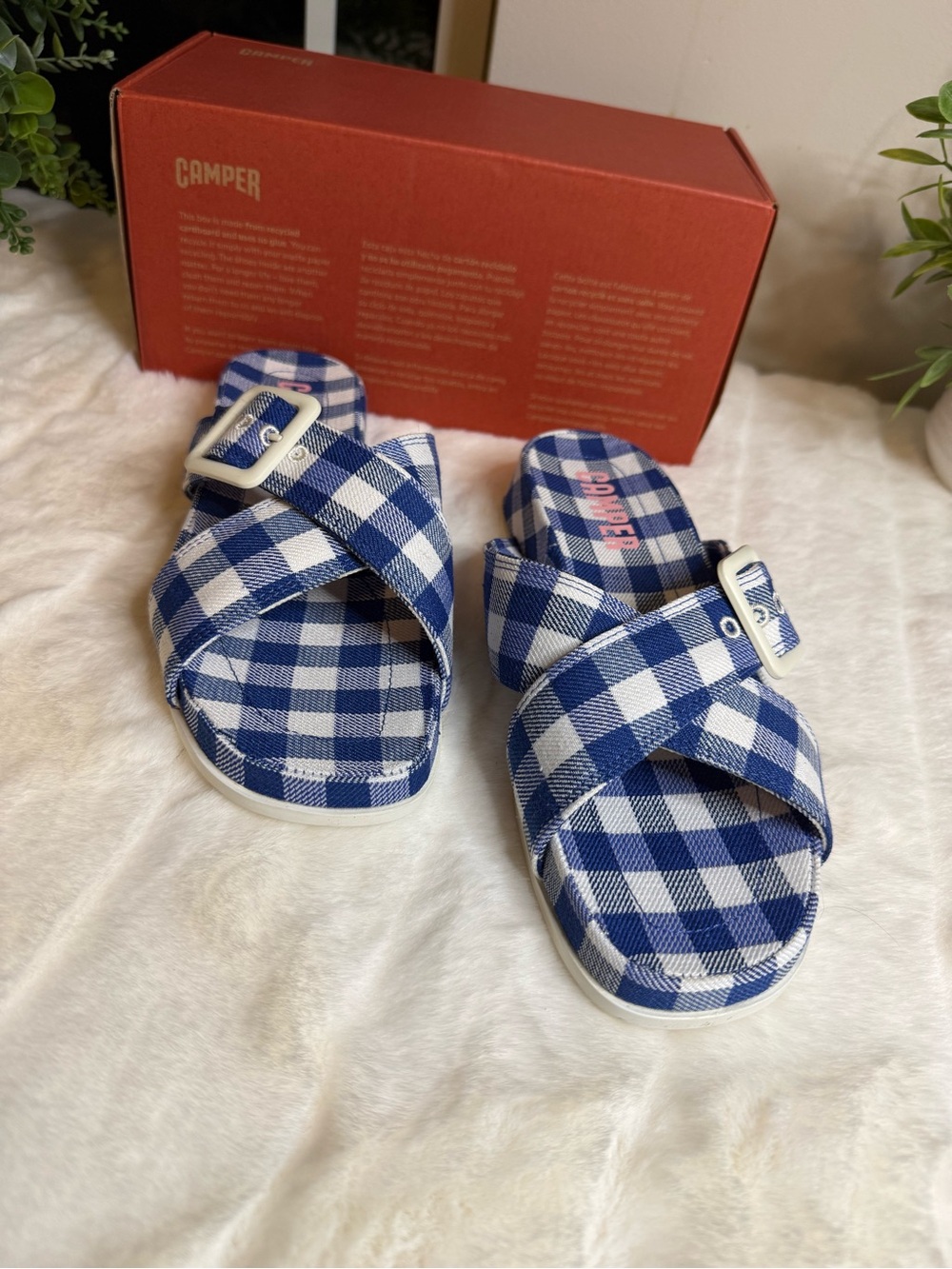 NWT - Camper Blue and White Gingham Cross-Strap Sandals - Size 8